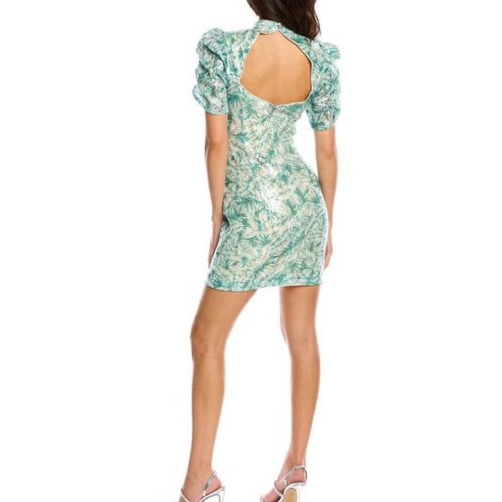 cocktail dress size 12 Badgley Mischka white green Sequin Palm Puff Sleeve - Picture 3 of 13